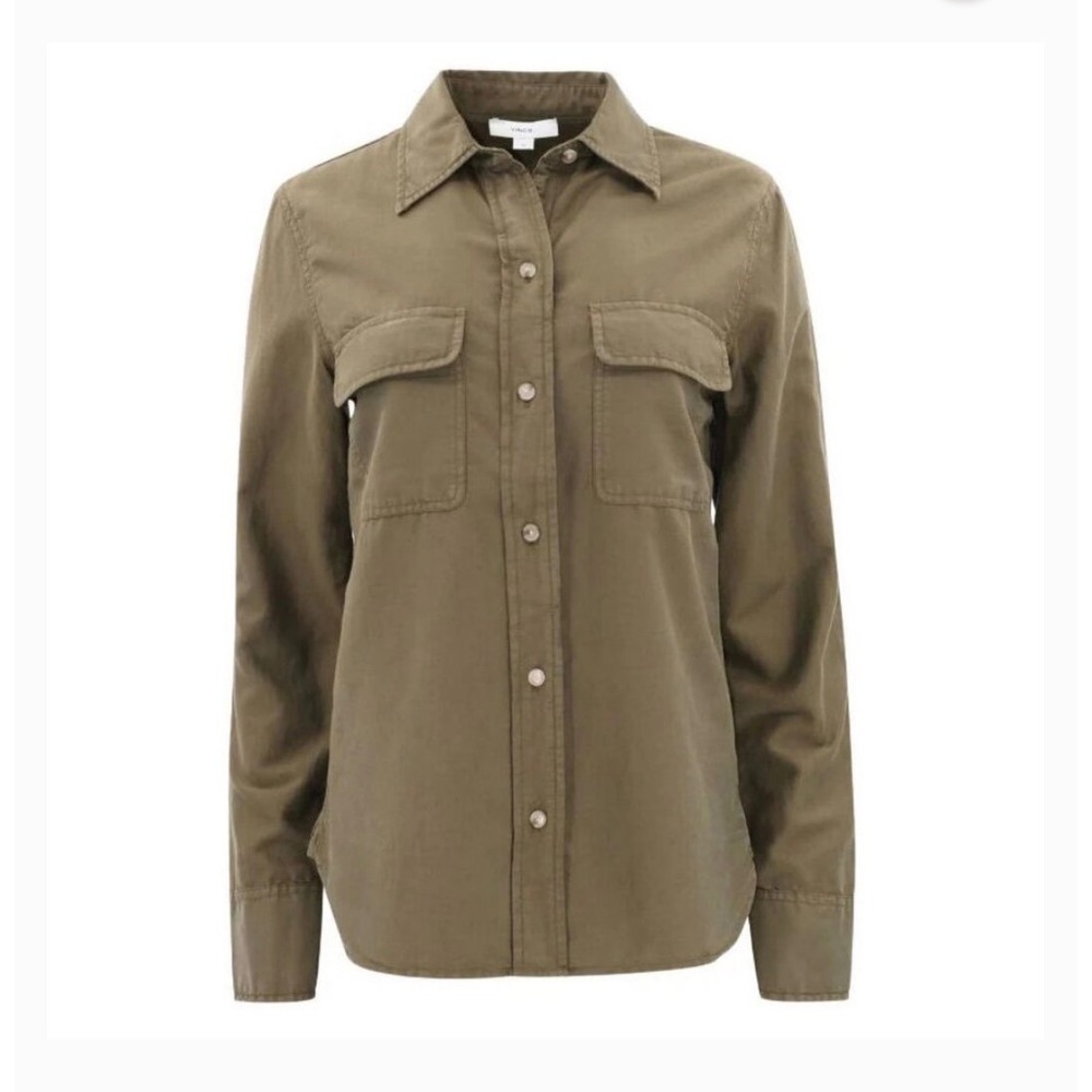 Vince Top Button Down Cotton Silk Collar Women Small Green Western Minimalist